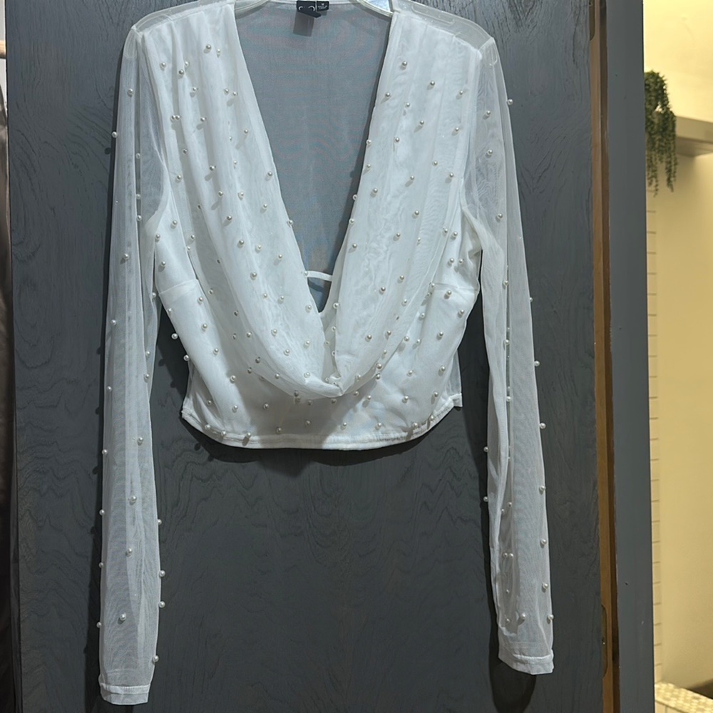 Sheer pearl detail white Top Perfect for bridal, bachelorette or girls night out